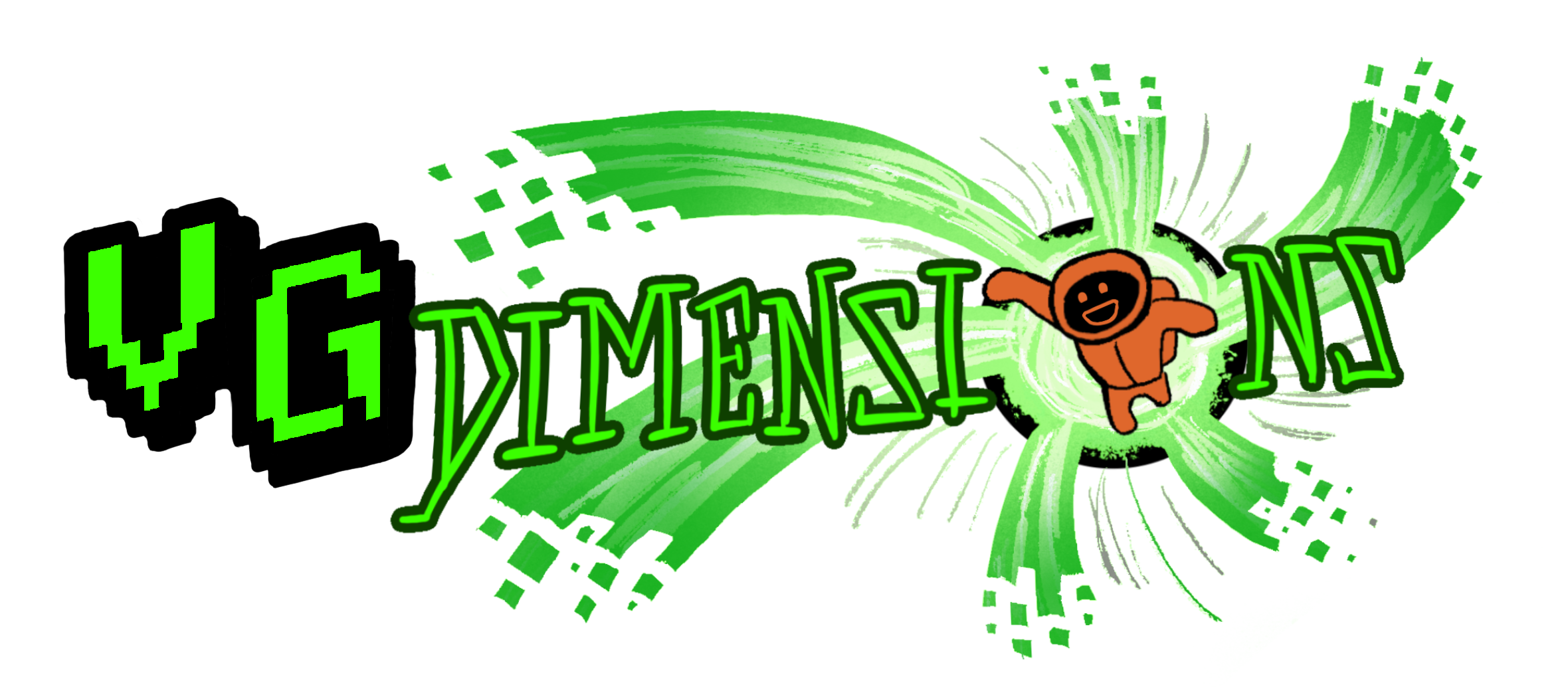 VGDimensions logo, an orange mascot in a spacesuit leaping out of a green portal.